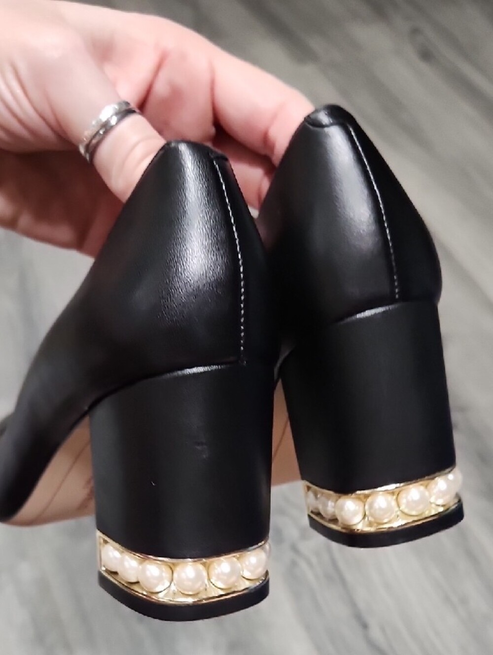 Karl Lagerfeld Black Sally Leather Block Heel Pumps W/Gold Accent & Pearl Detail - Picture 5 of 6